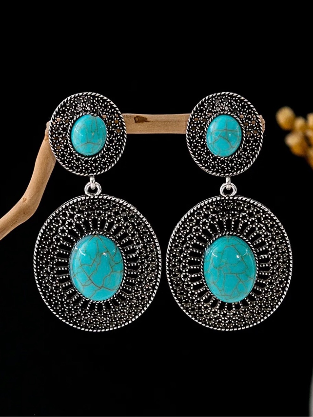 Turquoise Stone Silver-Tone Filigree Drop Earrings - Women Jewelry